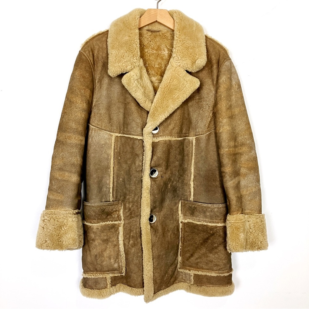 Vintage sheepskin shearling coat jacket 70s leather tan brown retro classic